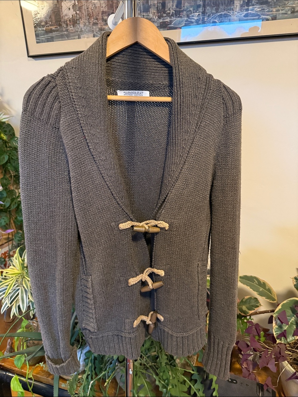 All Saints Charcoal Toggle Shawl-Collar Cardigan